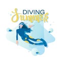 Girl scuba diver and tropical fish. SUMMER DIVING. Royalty Free Stock Photo
